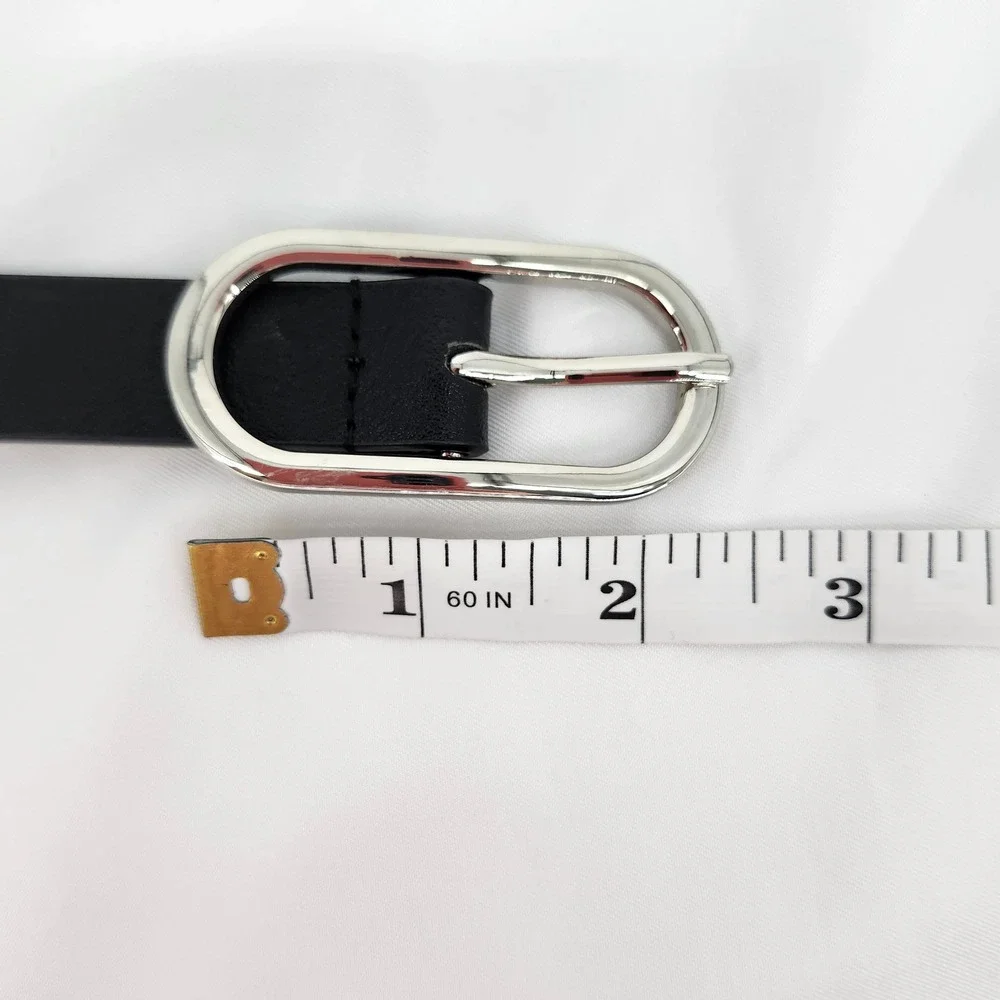 Black Cut Out Geometric Belt Womens OS Oval Silver Buckle Skinny Modern Chic‎